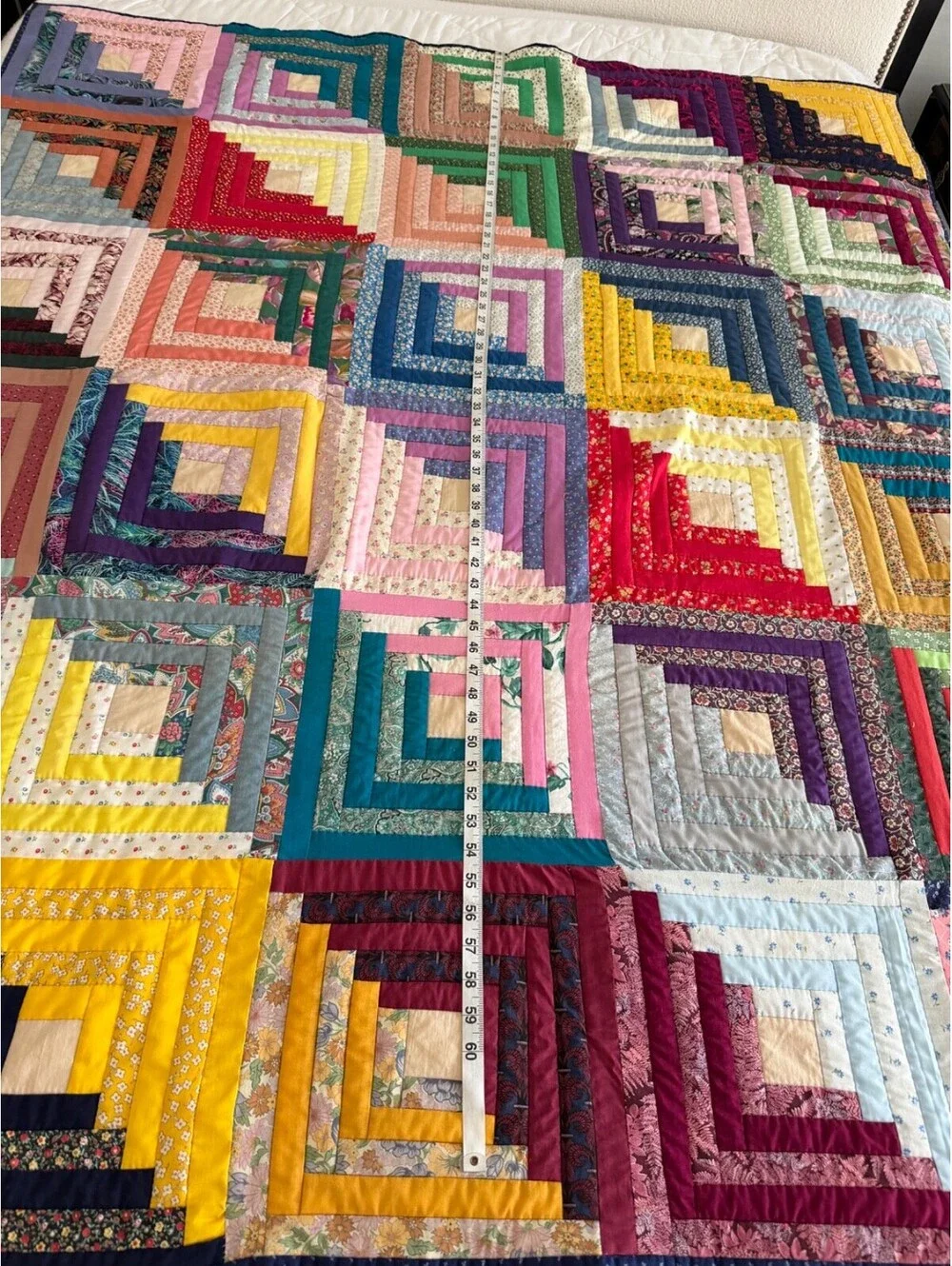 Handmade Log Cabin Quilt Vintage Patchwork Colorful Cotton Throw 54